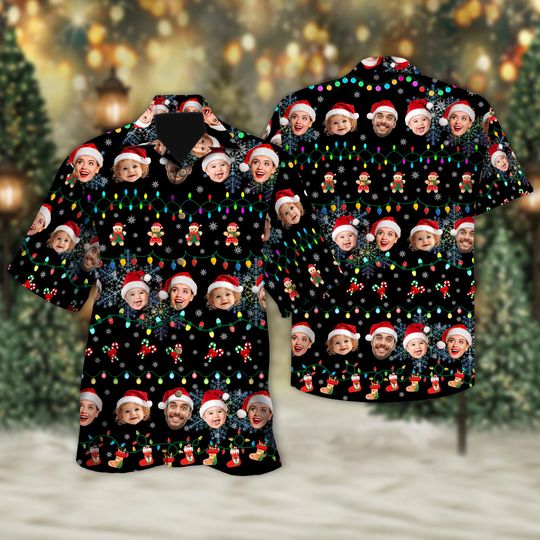Discover Custom Photo Santa Hat Christmas Button Up, Personalized Christmas Hawaiian Shirt With Face, Funny Xmas Gifts For Men Women, Button Shirt