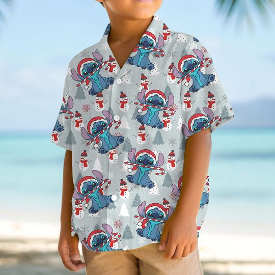 Discover Stitch Santa Candy Cane Xmas Tree Peppermint Hawaiian Shirt, Very Merry Christmas Party Button Shirt, Winter Christmas Disney Hawaiian