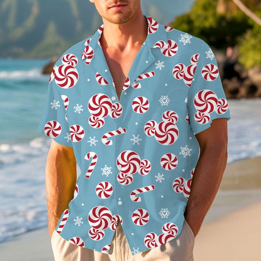 Discover Mickey Candy Cane Pepper Mint Blue Snow Hawaiian Shirt, Very Merry Christmas Party Button Shirt, Winter Christmas Disney Hawaiian