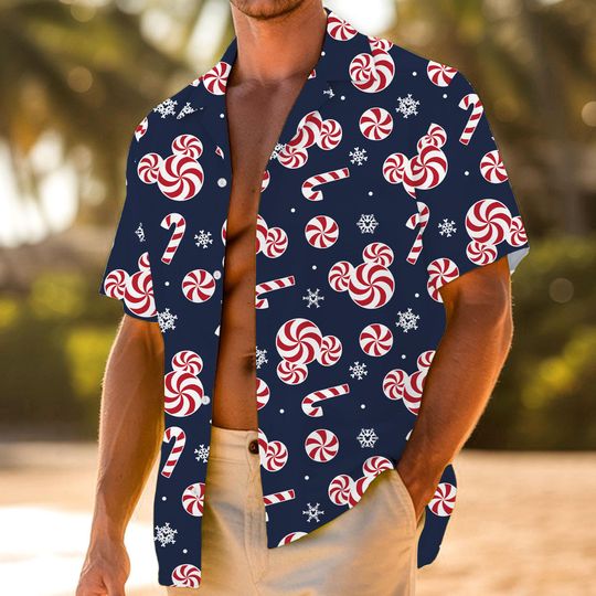 Discover Peppermints Mickey Icon Candy Cane Snow Navy Hawaiian Shirt, Very Merry Christmas Party Button Shirt, Winter Christmas Disney Hawaiian
