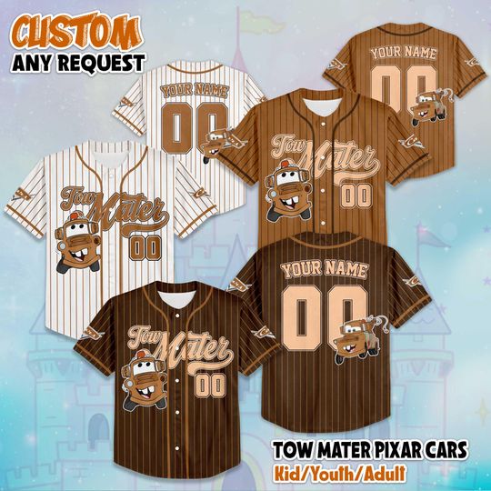Discover Personalized Tow Mater Pixar Car Baseball Jersey, Custom Disney Car Tow Mater Jersey Shirt, Disney Car Birthday Gift