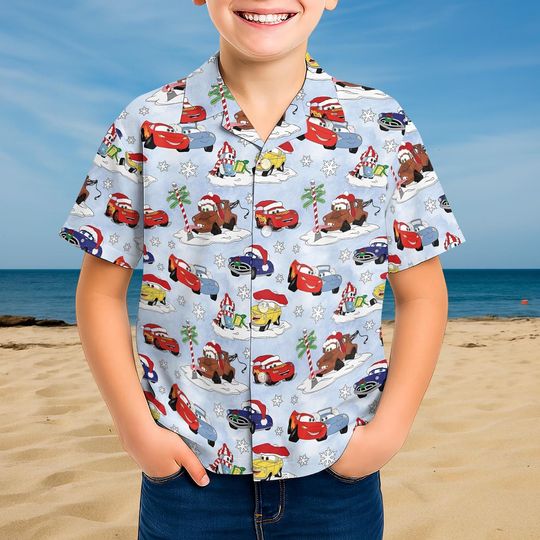 Discover Christmas Disney Cars Hawaiian Youth Shirt, Christmas Cars Button Shirt, Christmas Gift For Car Lover, Xmas Kids Party Outfit
