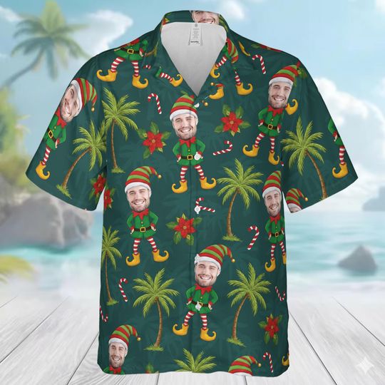 Discover Custom Photo Elf Hawaiian Shirt, Christmas Elf Button Shirt, Personalized Xmas Party Shirt, Funny Family Matching Shirt