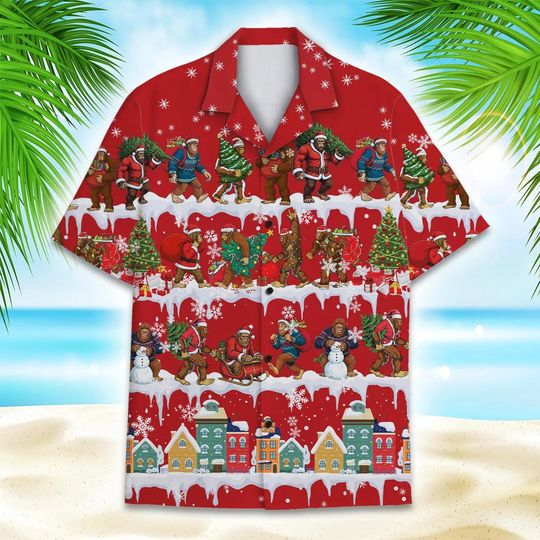 Discover Funny Bigfoot Christmas Hawaiian Shirt, Sasquatch Holiday Print Shirt for Men & Women, Winter Party Button Down S-5XL