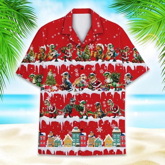 Discover Funny Christmas Dinosaur Hawaiian Shirt for Men, Women & Youth, T-Rex Xmas Red Holiday Button Down Shirt, Cute Dino Christmas Gift S-5XL