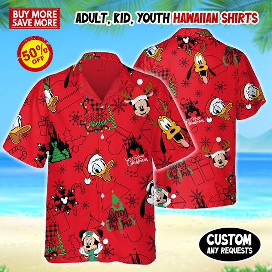 Discover Disney Mickey And Friends Signature Christmas Hawaiian Shirt, Mickey Mouse Donald Duck Goofy Christmas Light Hawaii Tee, Xmas Button Shirt