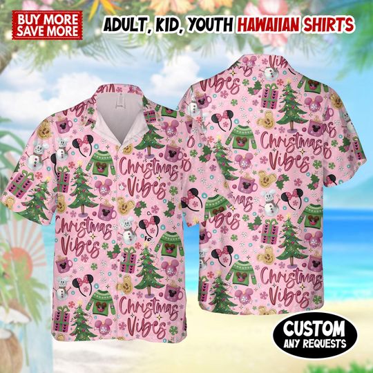 Discover Disney Christmas Vibe Pink Christmas Hawaiian Shirt, Minnie Mouse Goofy Daisy Donald Pluto Hawaii Shirt, Winter Christmas Disney Hawaiian