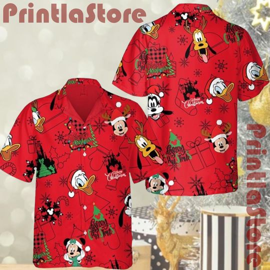 Discover Disney Mickey and Friends Signature Christmas Hawaiian Shirt, Mickey Donald Goofy Holiday Light Tee, Festive Xmas Button Shirt