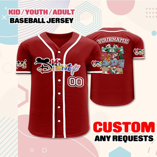 Discover Custom Disney Christmas Baseball Jersey, Personalized Mickey Friends Shirt with Name and Number, Kids Youth Adult Sizes, Holiday Outfit Gift