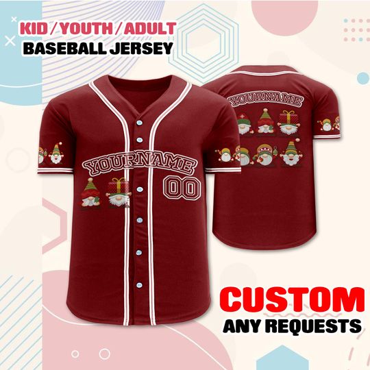 Discover Custom Christmas Gnome Baseball Jersey, Personalized Holiday Shirt, Matching Family Xmas Outfit, Red Festive Jersey