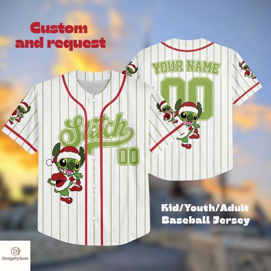 Discover Custom Stitch Christmas Baseball Jersey, Personalized Green Holiday Shirt, Cute Alien Santa Outfit, Family Matching Xmas Gift 2025