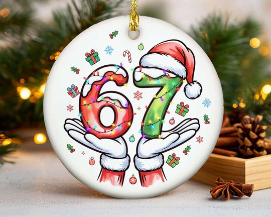 Discover Six Seven Meme Christmas Ornament: Gen Alpha Humor, Porcelain Tree Decoration