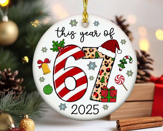 Discover Six Seven Meme Christmas Ornament: Gen Alpha Humor, Porcelain Tree Decoration