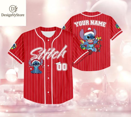 Discover Personalized Stitch Christmas Jersey, Disney Holiday Baseball Shirt, Custom Name Pinstripe Tee, Lilo and Stitch Gift
