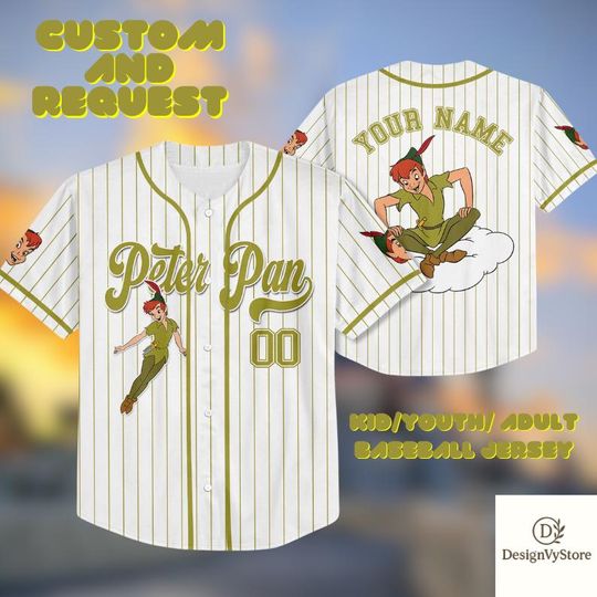 Peter Pan Baseball Jersey, Custom Name & Number Shirt, Kid Youth Adult Team Uniform, Fantasy Character Jersey, Personalized Gift