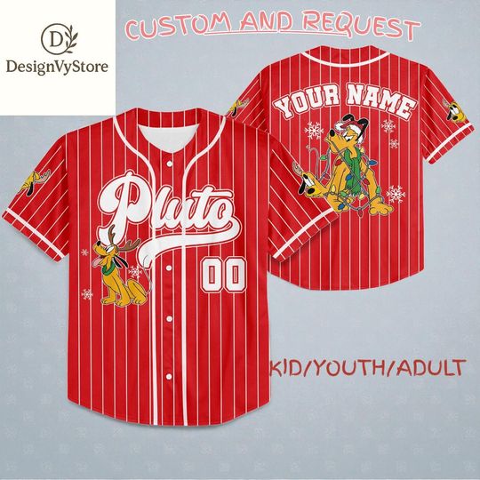 Discover Personalized Pluto Christmas Baseball Jersey, Disney Holiday Uniform, Custom Name Number Pinstripe Shirt, Pluto Fan Xmas Gift