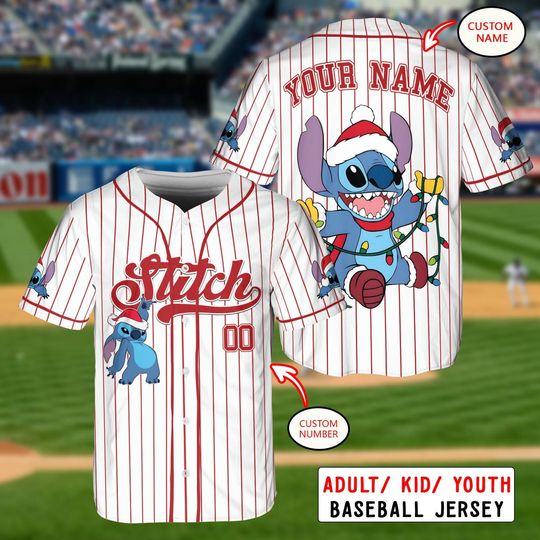 Discover Personalized Stitch Christmas Baseball Jersey, Custom Disney Holiday Shirt, Festive Stitch Outfit, Matching Family Christmas Tee