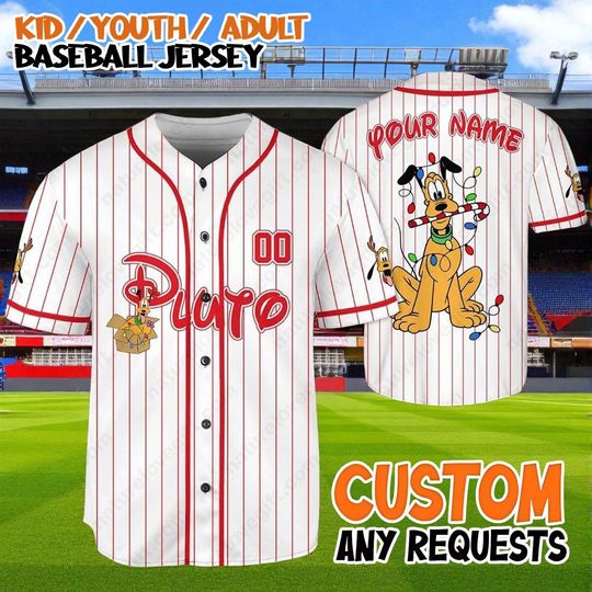 Discover Custom Pluto Christmas Baseball Jersey, Personalized Disney Baseball Shirt, Holiday Outfit Kids Youth Adult, Disney Family Xmas Gift