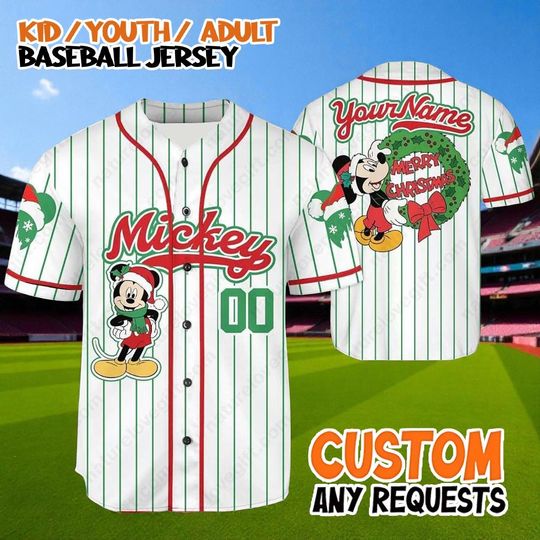 Discover Custom Mickey Christmas Baseball Jersey, Personalized Disney Baseball Shirt, Holiday Outfit Kids Youth Adult, Disney Family Xmas Gift