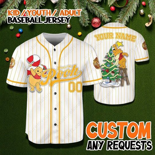 Discover Custom Winnie the Pooh Christmas Baseball Jersey, Personalized Name Jersey, Disney Family Matching Shirt, Holiday Outfit Kids Youth Adult