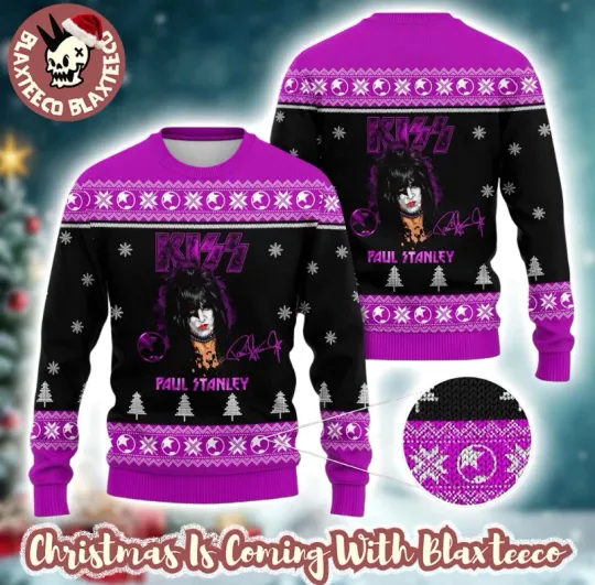 Kiss Band Paul Stanley With Signature Purple Ugly Christmas Sweater