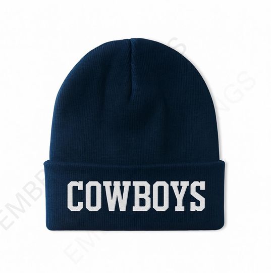 Navy Blue Embroidered Cowboys Beanie - Dallas Football Team Fan, Gift for him