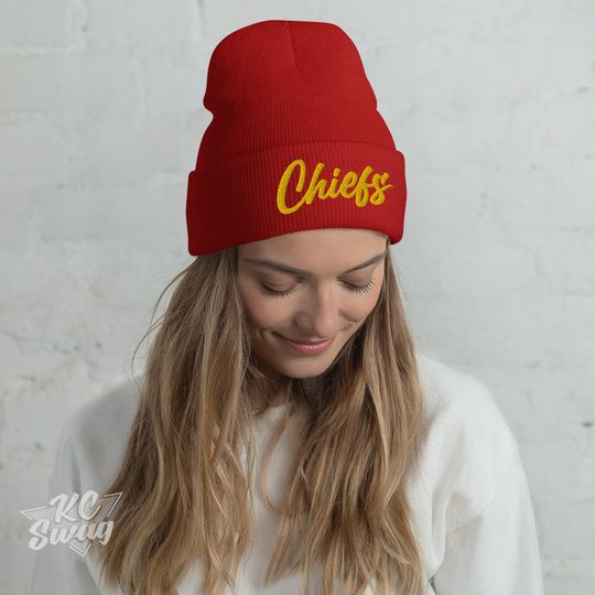 KC Script Chiefs Winter Beanie, Kansas City Chiefs-Inspired Red Football Club Stocking Cap, Soft Warm Embroidered Knit Cuffed Hat, Unisex