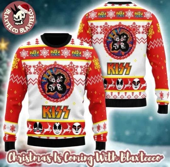 Kiss Band Rock And Roll Over Circle Logo Faces Ugly Christmas Sweater