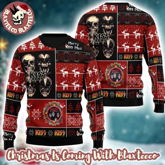 Kiss Band Skull Kiiss Army Checker Board Ugly Christmas Sweater