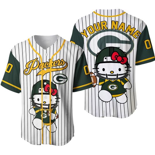 Personalized Green Bay Packers Baseball Jersey, Packers Hello Kitty Baseball Jersey