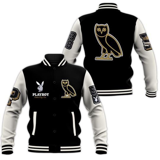 Men's Playboy Style Wool and Leather Varsity Jacket - Black/White