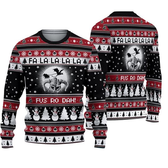 Fus Ro Dah Ugly Christmas Sweater,  Funny Skyrim Dragonborn Parody, Fa La La Gamer Holiday Jumper with Dragon Moon