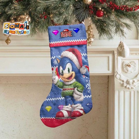 Custom Sonic Ugly Pattern Christmas Stocking, Holiday Decor for Family Fireplace, Cozy Accessories Gift