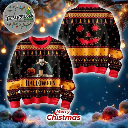 Halloween Michael Myers Pumpkin Best Give For Halloween Day Ugly Sweater