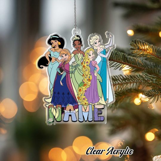 Princess Jasmine Tiana Rapunzel Acrylic Ornament Anna Elsa Keepsake Decor Custom Name Royal Sisters