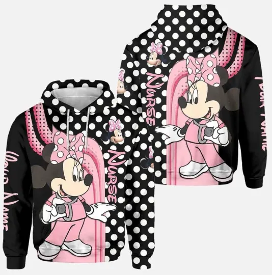Discover Personalized Minnie Mouse Nurse Black & Pink Polka Dot Hoodie 3D Printed