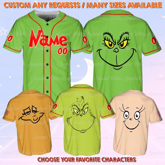 Discover Custom Green Character Baseball Jersey, The One Stole Christmas Characters Jersey,Family Matching Shirt