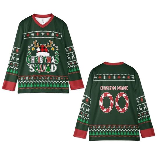 Discover Custom Christmas Hockey Jersey  Ugly Sweater Style Holiday Team Shirt  Personalized Name & Number Xmas Squad Gift