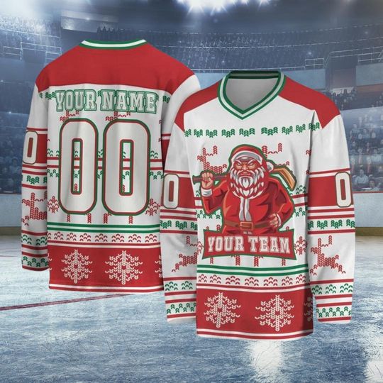 Discover Christmas Hockey Jersey With Santa  Custom Name Number Long Sleeve Ice Hockey Uniform, Festive Team Sports Gift for Men Women