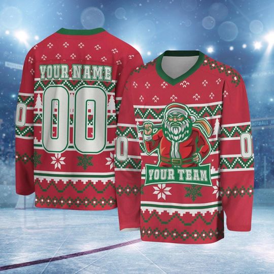 Discover Christmas Hockey Jersey With Santa  Custom Name Number Long Sleeve Ice Hockey Uniform, Festive Team Sports Gift for Men Women
