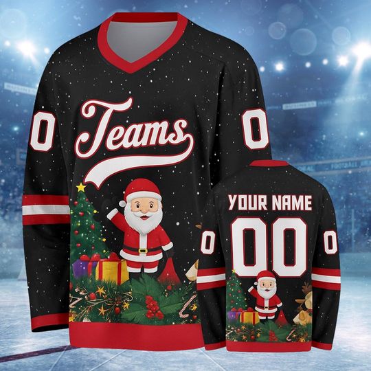 Discover Christmas Hockey Jersey With Santa  Custom Name Number Long Sleeve Ice Hockey Uniform, Festive Team Sports Gift for Men Women