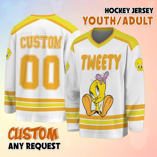 Discover Personalized Tweety Hockey Jersey, Custom Tweety Hockey Jersey, Hockey Fan Lover Gift, Hockey Team Outfit