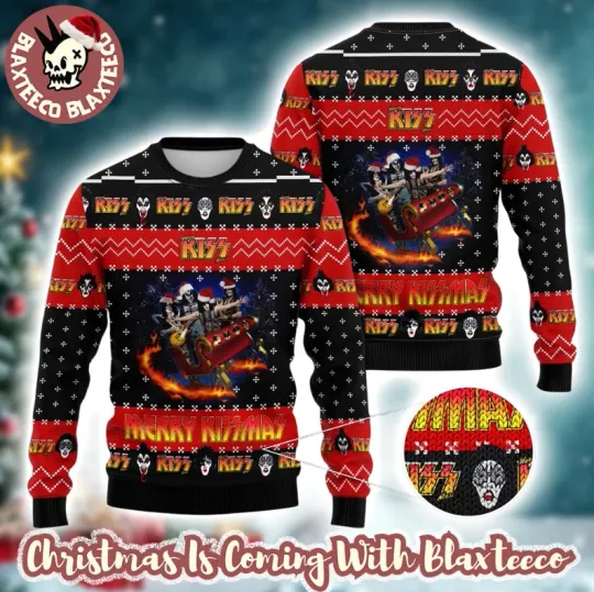 Kiss Band Rock Band On Sleigh Merry Kissmas Ugly Sweater 2025