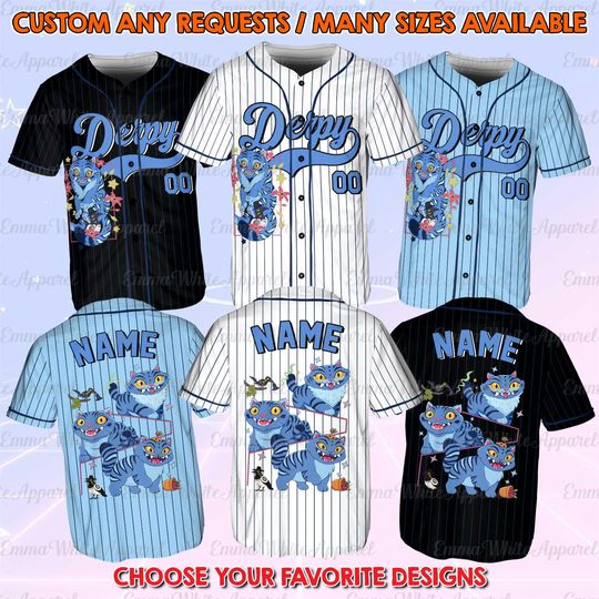 Derpy Cat Kpop Baseball Jersey, Derpy Tiger Costume Baseball Jersey, Blue Animal Print Kpop Shirt, Fictional Character Fan Jersey