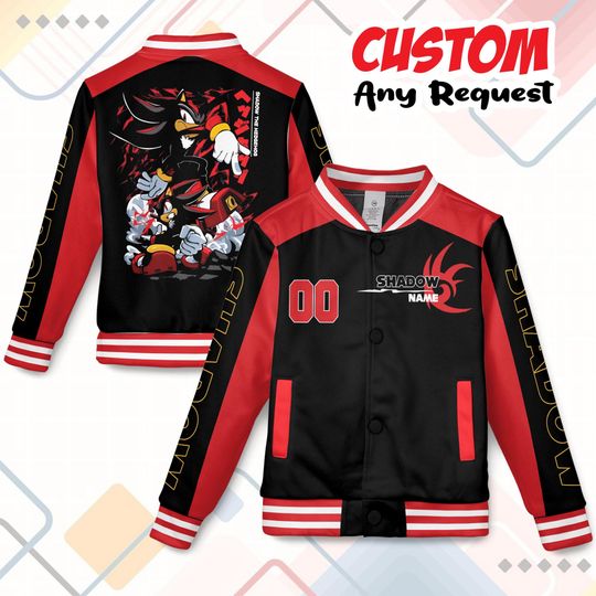 Shadow the Hedgehog Baseball Jacket, Adult Kid Youth Varsity Coat, Sonic Anime Character Streetwear, Custom Name Option