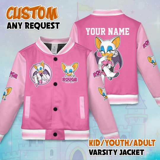 Personalized Rouge the Bat Varsity Jacket, Sonic the Hedgehog Baseball Jacket, Rouge the Bat Kids Youth Adult Varsity Jacket