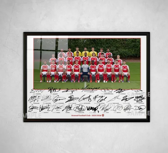 Discover Arsenal 2026 Signed Team Photo Poster - Saka & Arteta Framed Premium Matte Vertical Poster
