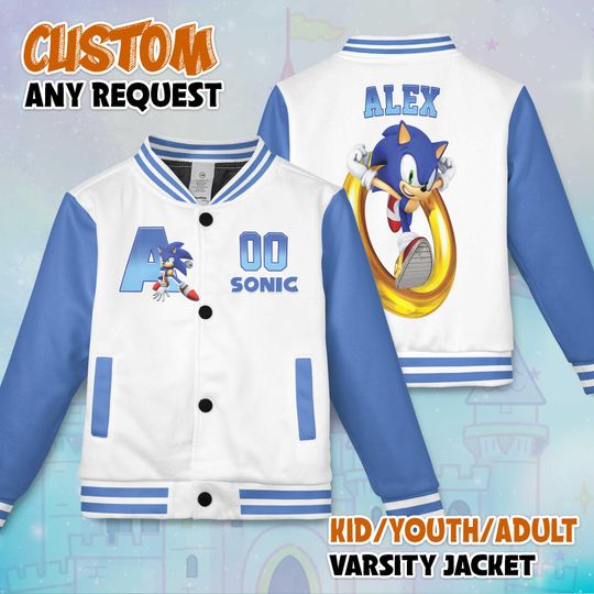 Personalized Sonic Varsity Jacket, Sonic the Hedgehog Baseball Jacket, Kids Youth Adult Varsity Jacket