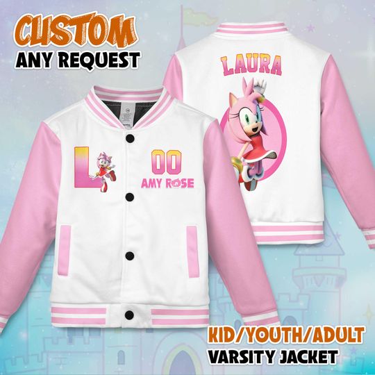 Personalized Amy Rose Varsity Jacket, Custom Sonic the Hedgehog Baseball Jacket, Amy Rose Kids Youth Adult Varsity Jacket