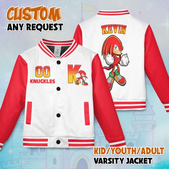 Custom Knuckles Varsity Jacket, Personalized Sonic the Hedgehog Baseball Jacket, Knuckles Kids Youth Adult Varsity Jacket